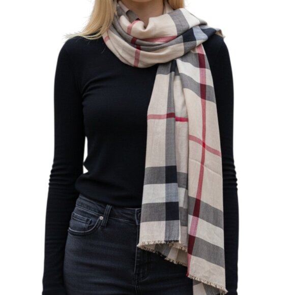 Burberry London Long Rectangular Fringe Scarf Cotton Nova Check Plaid Unisex 55" - Picture 2 of 8